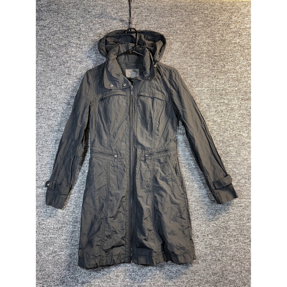 Cole Haan Black Metallic Zip Front Trench Coat with Stowaway Hood Small